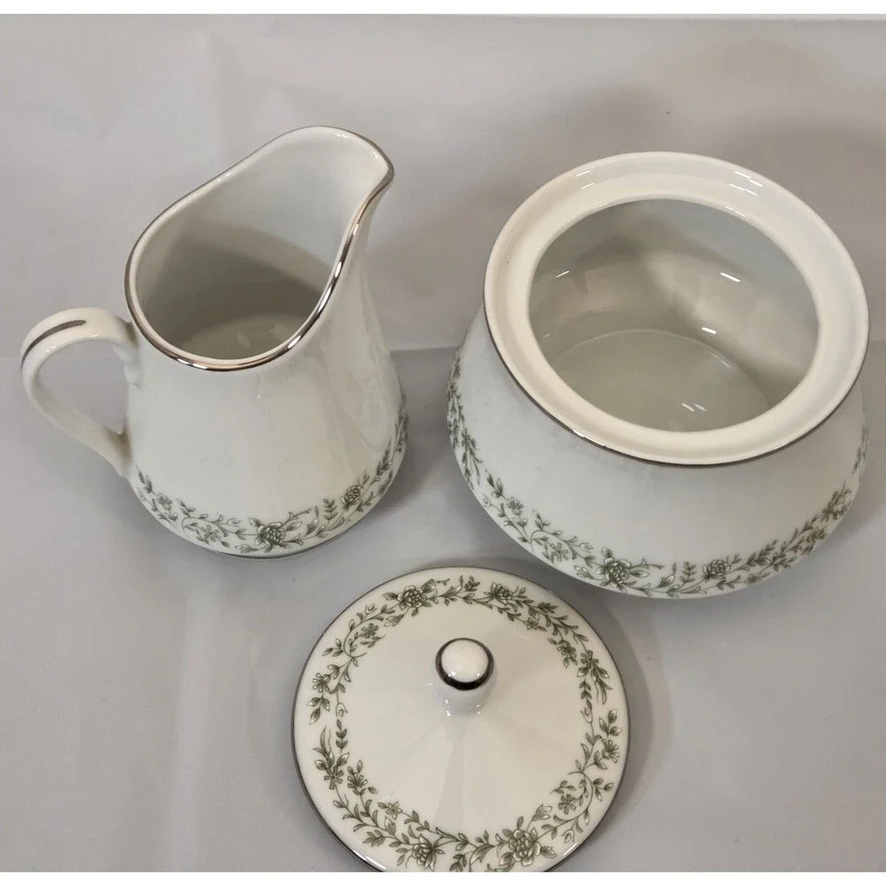 Vintage Mikasa Montclair G9059 Sugar Bowl w Lid & Creamer Set Japan Platinum‎
